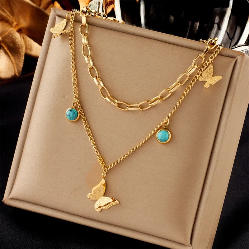 316L Stainless Steel Butterfly Moon Lock Blue Eyes Pendant Necklace for Women New Multilayer Choker Chain Jewelry Gifts