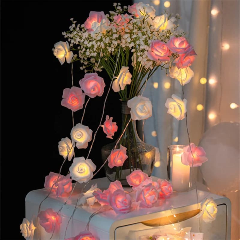 Luci a Forma di Rosa Artificiale con 20 LED, Alimentate a Batterie AA, per Decorazioni di Matrimoni, Feste, Compleanni e Camere da Letto