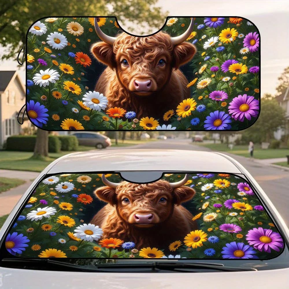 1pc Highland Calf & Floral Meadow Car Windshield Sunshade - Foldable, Space-Saving Design For Heat Protection, Vibrant Sunflower