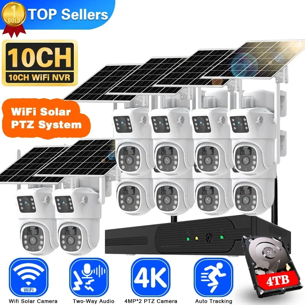 4K 8MP Dual Lens Wifi Solar CCTV Camera System 10CH Wireless NVR Two-way Audio Kit PTZ IP Security Camera Video Security Set