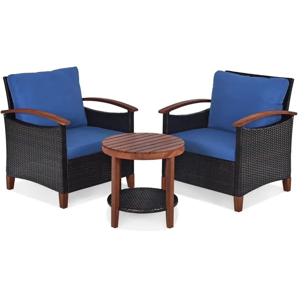 3-Piece Outdoor Patio Furniture Set: Weather-Resistant Rattan Table & Chairs with Cushions, Ideal for Balcony, Porch, or Deck, N