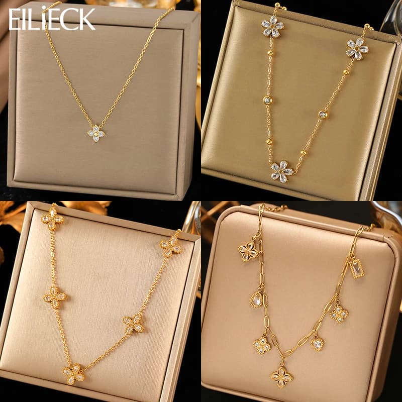 EILIECK 316L Stainless Steel Shiny Cubic Zirconia Flower Necklace for Women Delicate Premium Exquisite Neck Chain Jewelry Gift