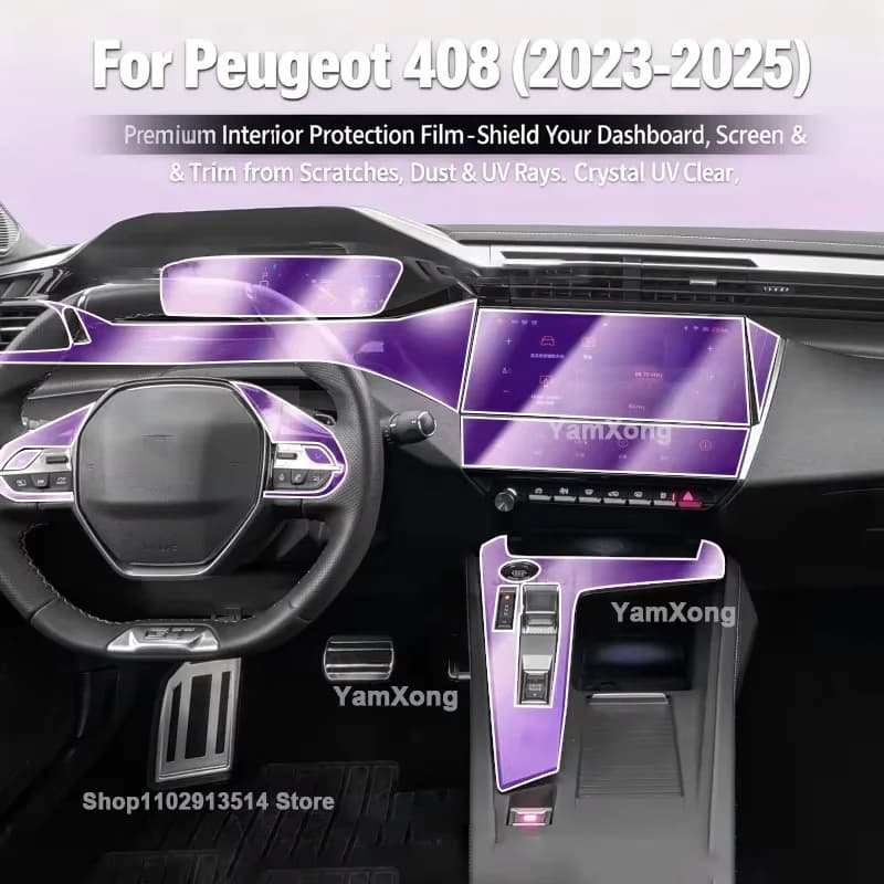 Kit Protective HD Film Transparent for Peugeot 408 2023-2025, Cover Screen Interior Dasher and Central Console, Wall decals Auto Anti-Graffio