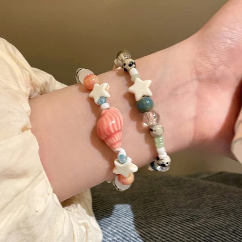 Handmade Ceramic Star Conch Bracelet For Women Cute Cartoon Glass Acrylic Beaded Bangles Summer Beach Party Charm Jewelry Gifts
