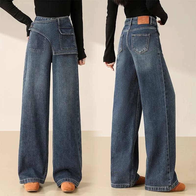 European style wide leg straight jeans for woman, autumn design, two fake pieces of niche, wide and slimming pants up to the floor