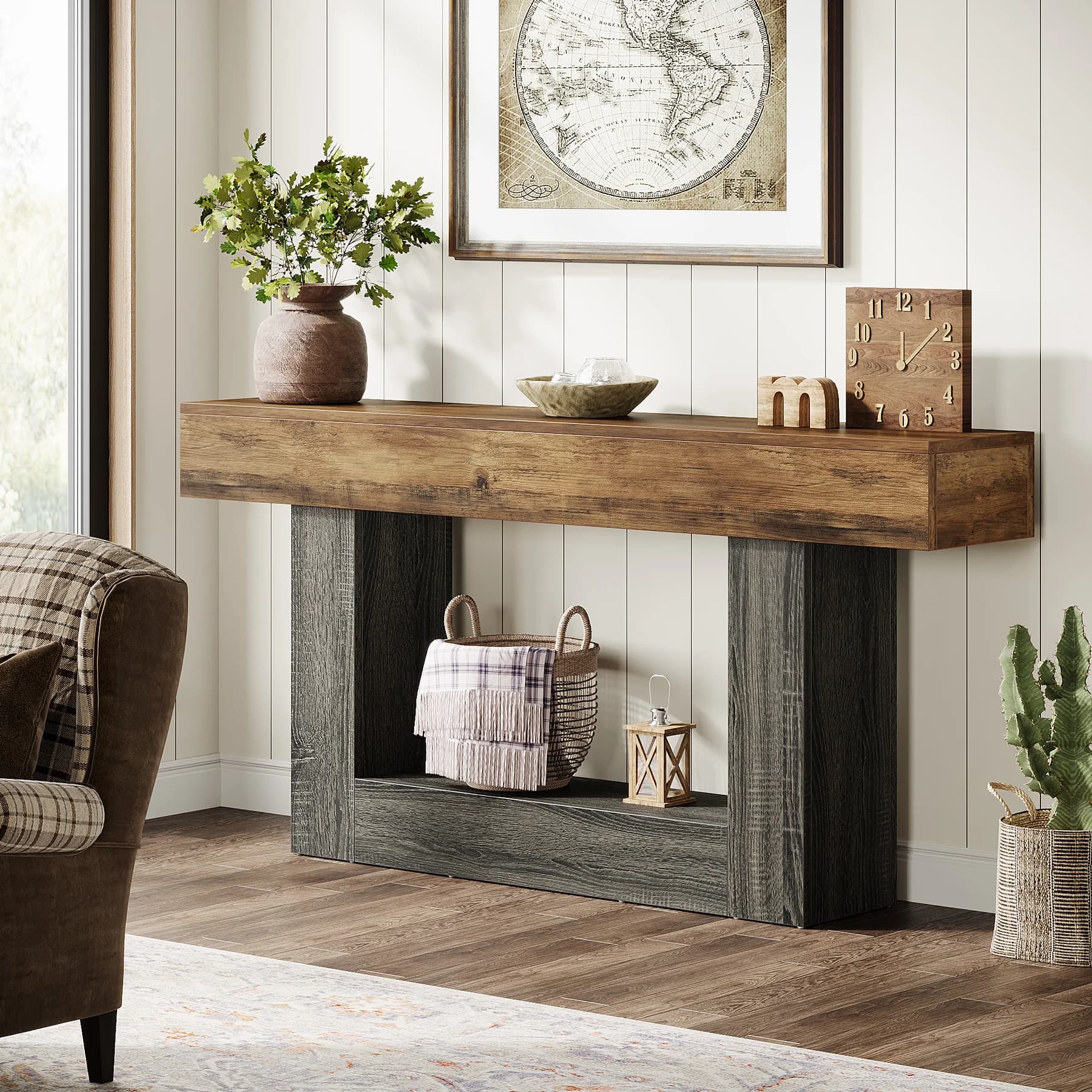 Tavolo Consolle a 2 Livelli LITTLE TREE, Tavolo da Ingresso Stile Rustico da 63 Pollici con Base a U, Tavolo Lungo in Legno per Divano