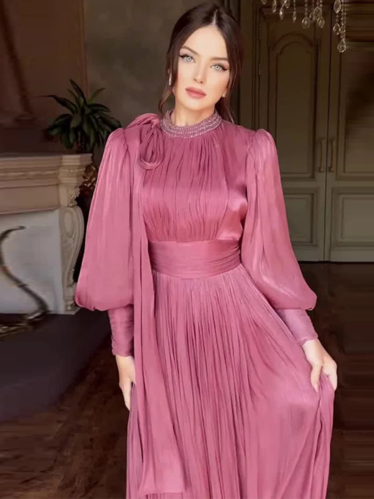 Fashionable Long Sleeve Women's Dress Waist-Cinching High Waist A-Line Skirt Spring Summer Autumn Travel Suitable Elegant