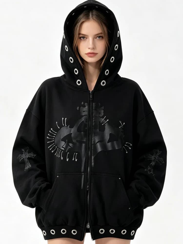 Metal Eyelet Cross Skull Zip Up Hoodie For Women Oversized Safety Pin Decor Grunge Punk Street Hoodie