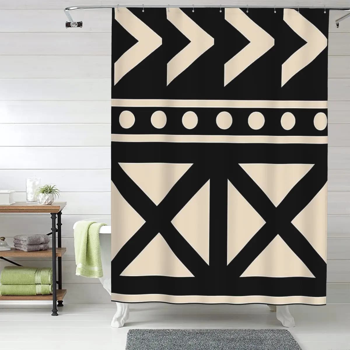 Tenda da doccia in tessuto africano bianco e nero di tendenza, tende da bagno impermeabili in poliestere con ganci