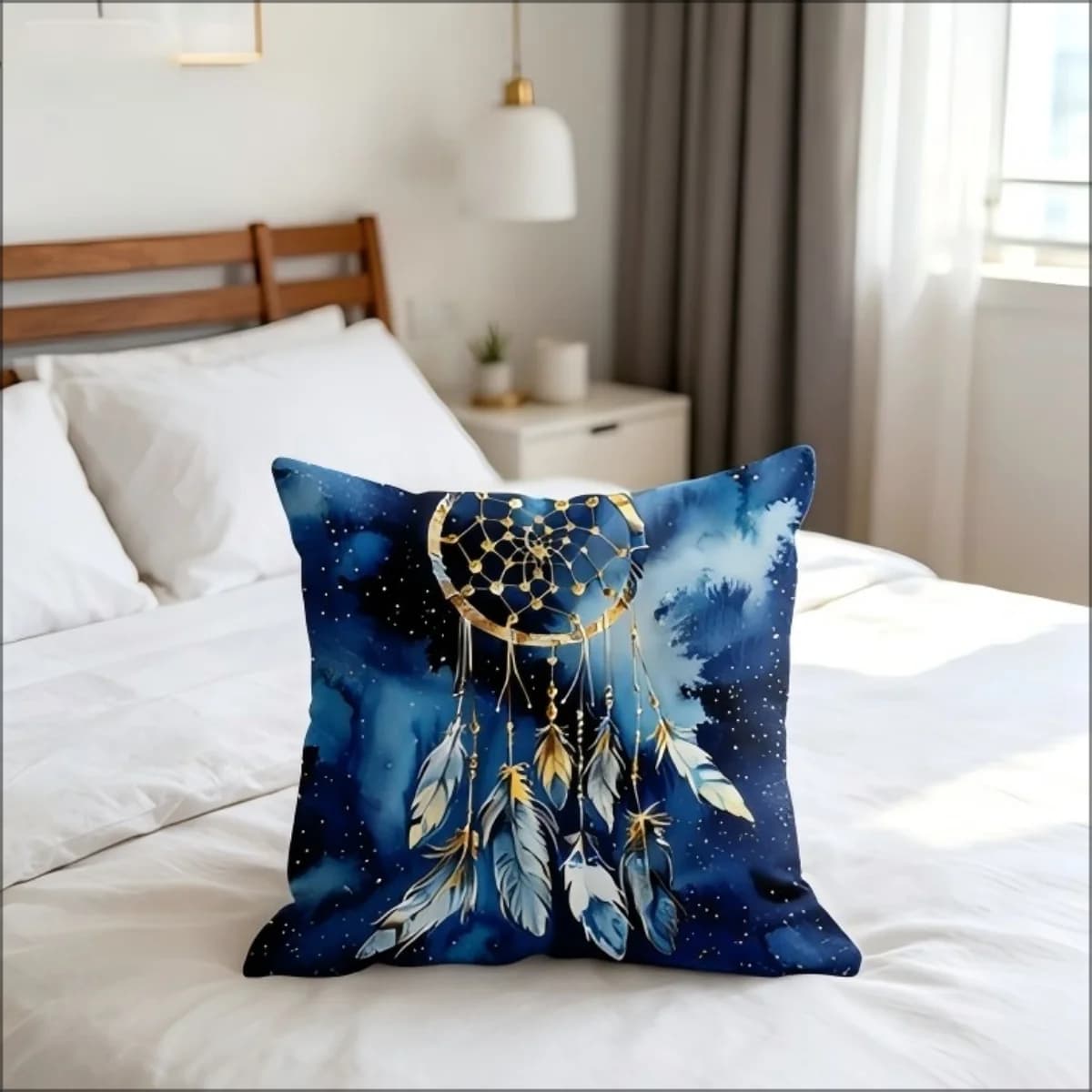 Blue Galaxy Dreamcatcher Print Throw Pillow Cover, Boho Watercolor Feather Decorative Cushion
