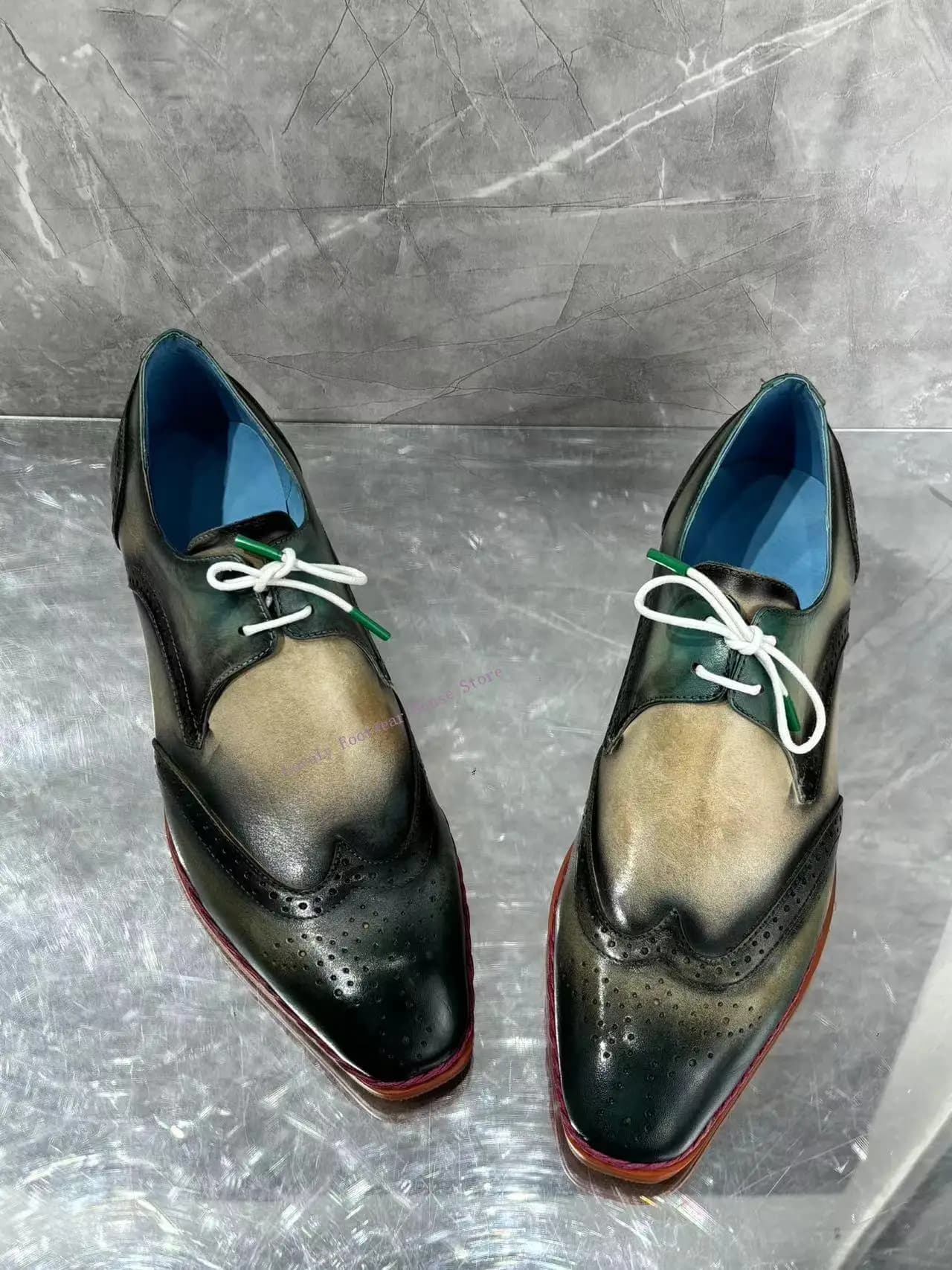 Man Black Grey Mixed Color Leather High Quality Shoes Lace Up Brushed Off Retro Shoes Male British Style Single Shoes