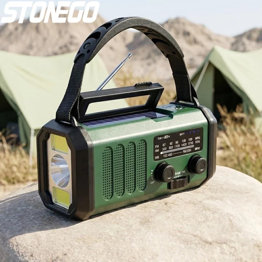 Radio di Emergenza Solare 10000mAh con Manovella, AM/FM, Allerta Meteo, Caricatore USB-C, Torcia, Allarme SOS, Bussola, Attrezzatura per Sopravvivenza all'Aperto
