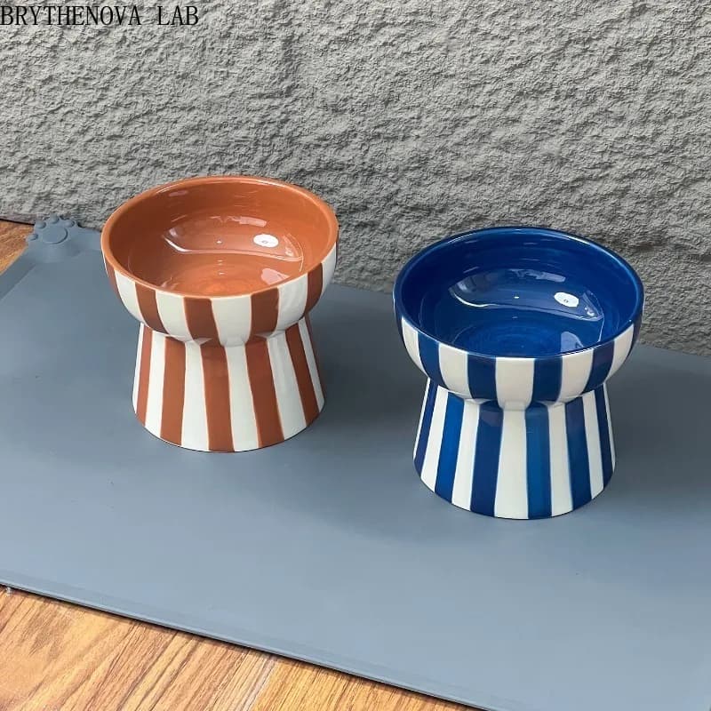 Elevated Striped Ceramic Pet Bowl – Anti-Slip Raised Food and Feeder Water for Cats and Small Dogs, Stylish Non-tip Design