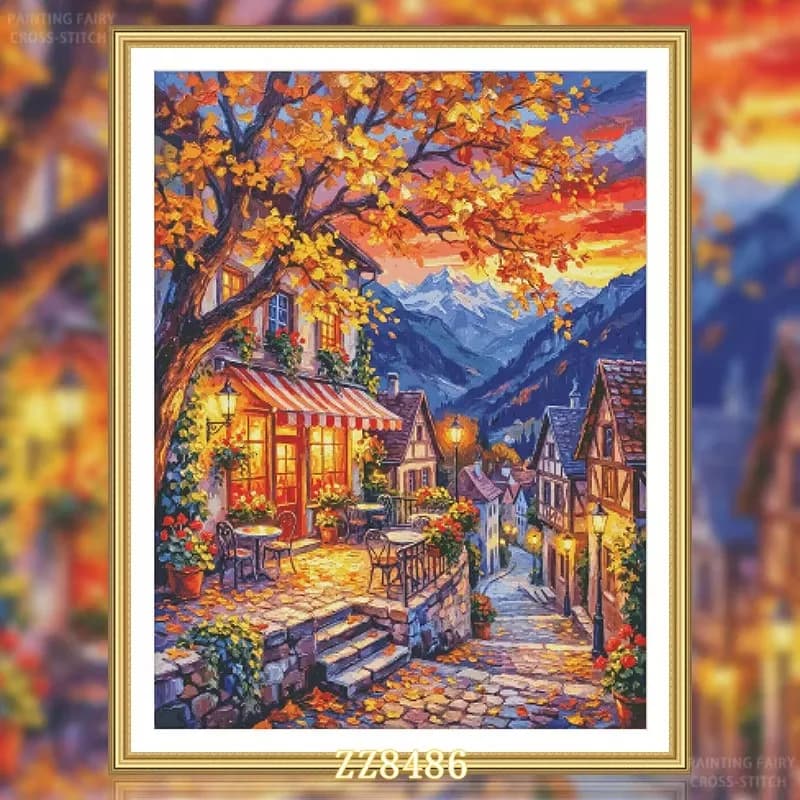 ZZ8486 - Autumn Town in the Dusk 14CT 16CT 18CT Stamped Cross Stitch DIY Set Pattern Kit Needlework Embroidery 122 Colors