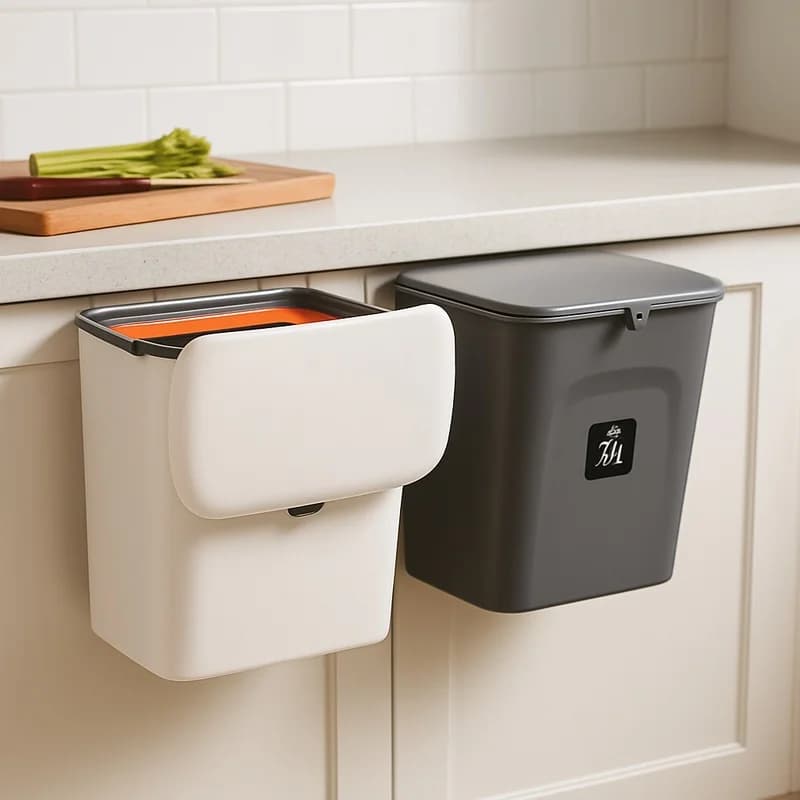 Wall-Mount 7/9L Kitchen & Bathroom Trash Can with Lid, Hanging Waste Container for Food and Household Refuse