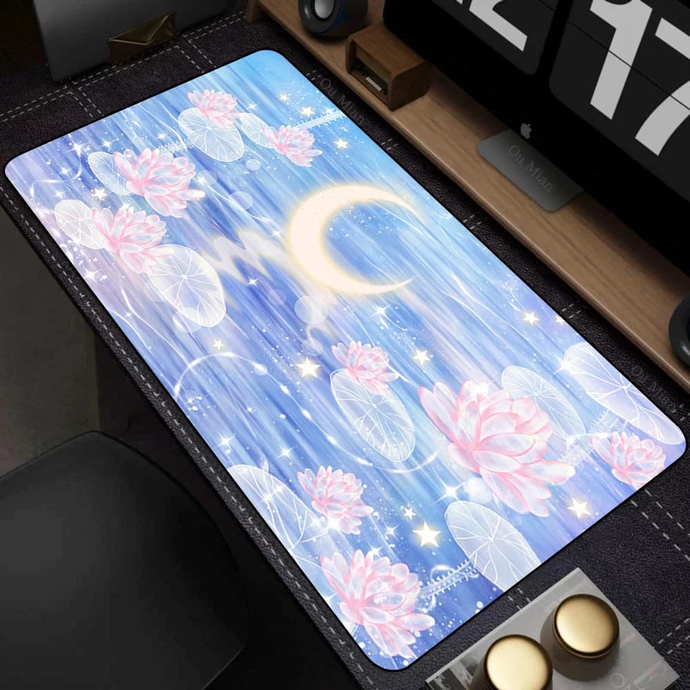 Tappetino per mouse da gioco grande Kawaii Cartoon Moon Star Tappetino da scrivania XXL Viola 90x40 cm Tappeto da tavolo antiscivolo Accessori da scrivania per laptop