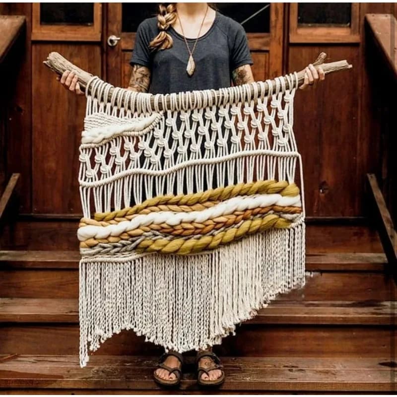 Boho Macrame Wall Hanging, Handmade Bohemian Tapestry with Icelandic Wool, Nordic Moroccan Decor for Home & B&B