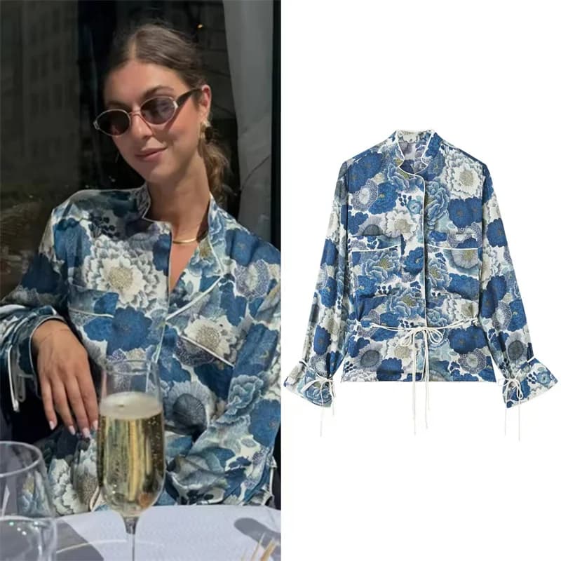 Women's Shirt 2026 Summer New Style Blue Printed Long-Sleeve with Tie Detail Loose Shirt Beach Vacation Relaxed and Lazy