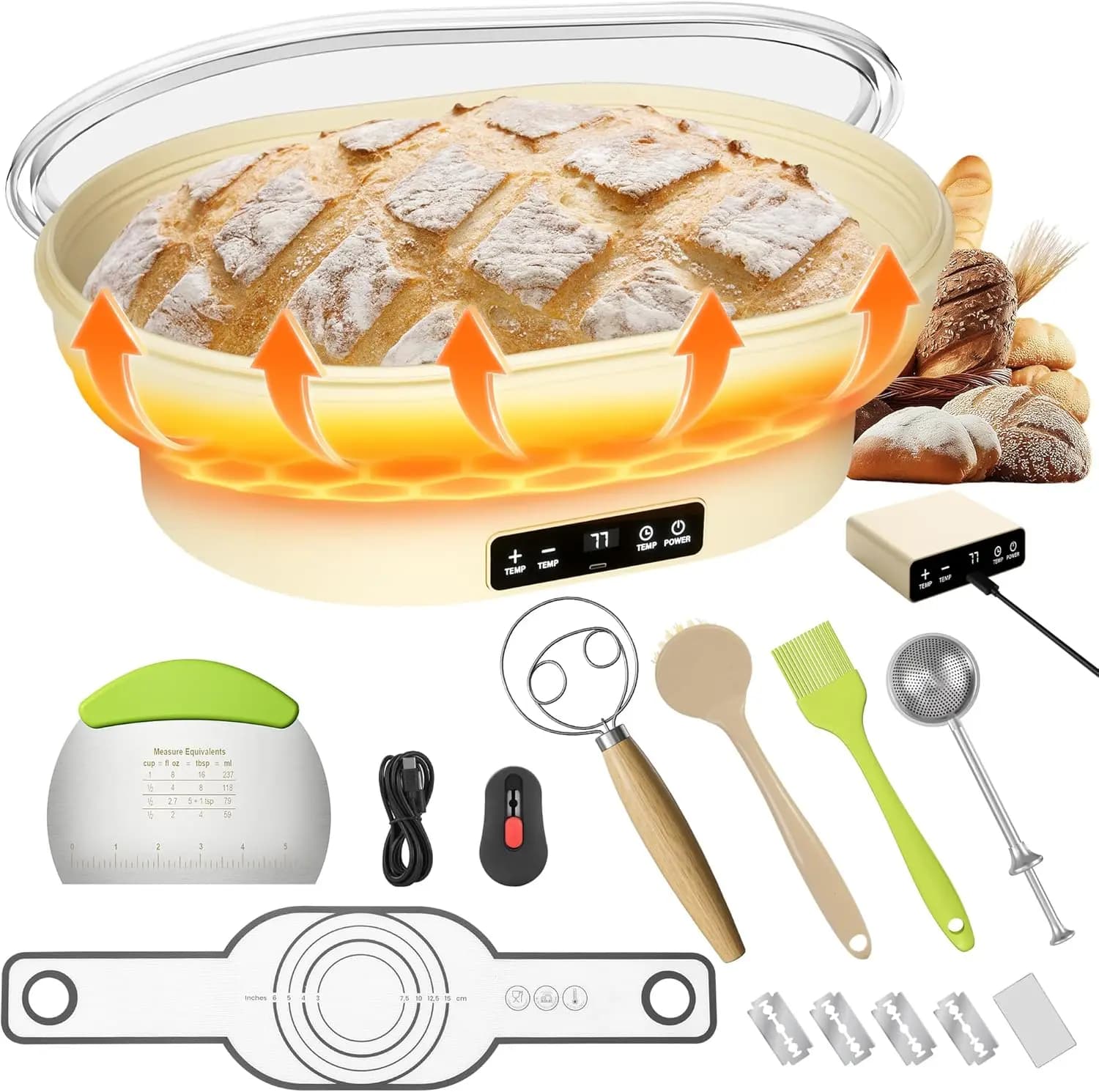 Set of 4 liters natural yeast bread yeast baskets - Bread rising basket Banneton oval of 14 inch silicone with updated timer and 6 temperatures