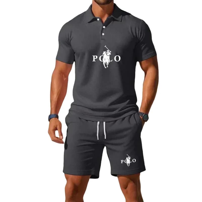 2026 Summer Men's Half-Zip Polo Two-Piece Set, Loose Lightweight Outfit, Quick-Dry Breathable for Basketball & Daily Leisure