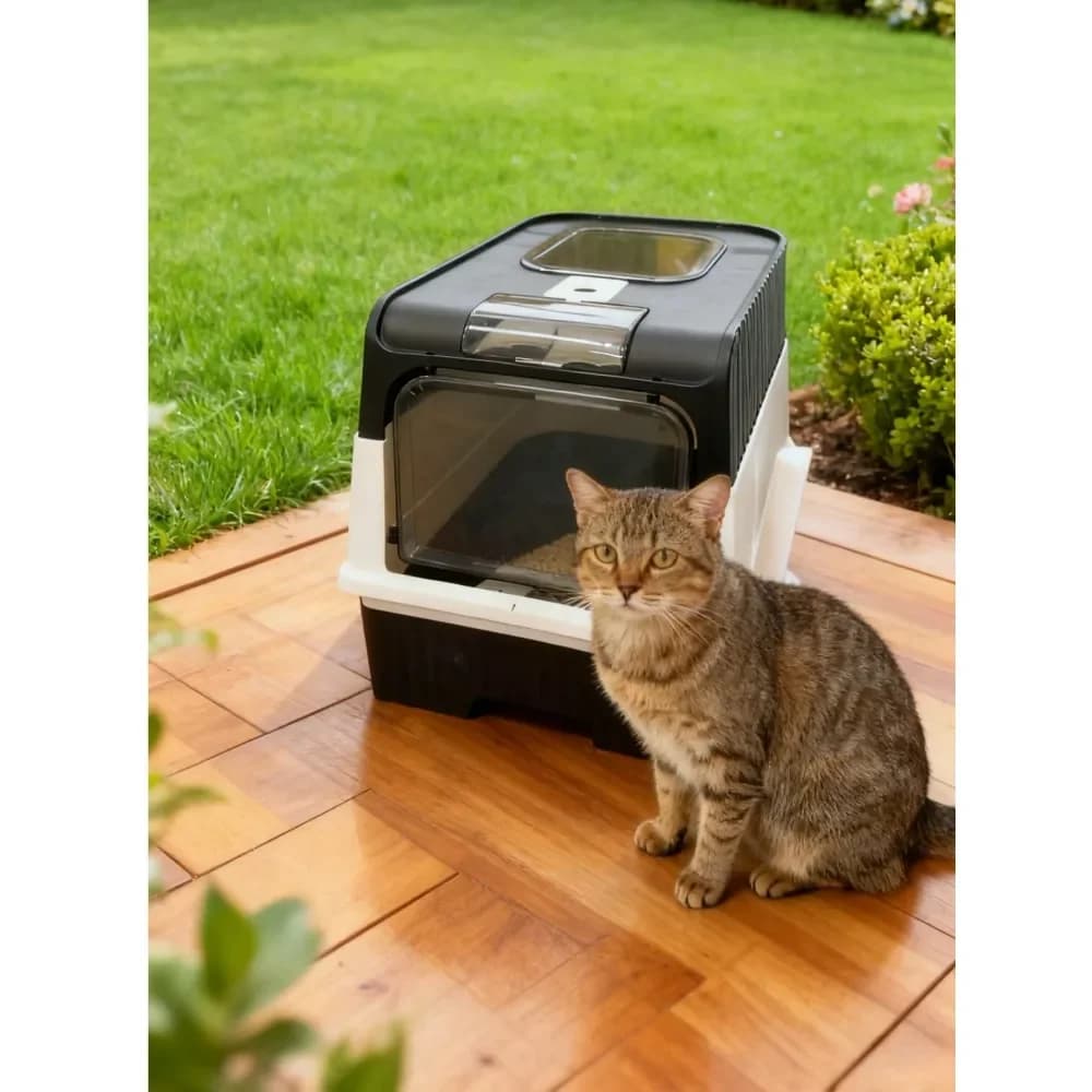 Lettiera per gatti completamente chiusa con ingresso superiore e struttura a cassetto, facile da usare