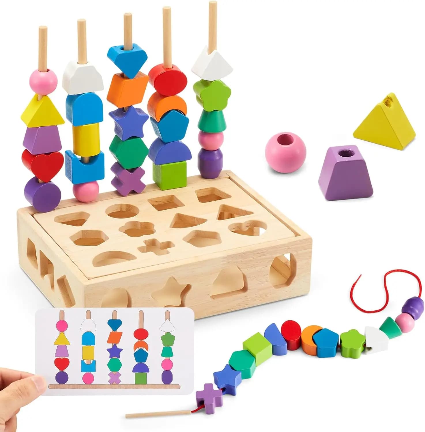 Set di Giocattoli Educativi in Legno 3-in-1: Perline da Infilare, Blocchi Impilabili e Gioco di Incastro per Bambini 3-5 Anni
