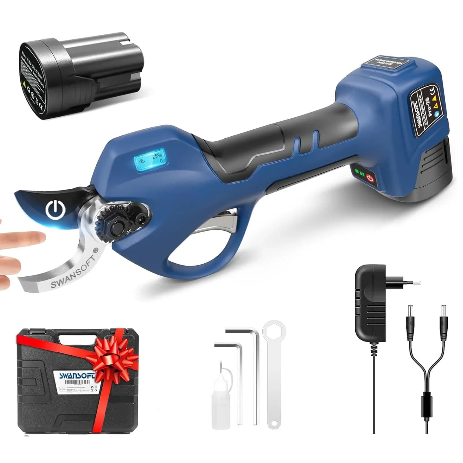 SWANSOFT 28mm Wireless Electric Scissors with LCD Display and Progressive Cutting Function, PRU28 Gardening Tool