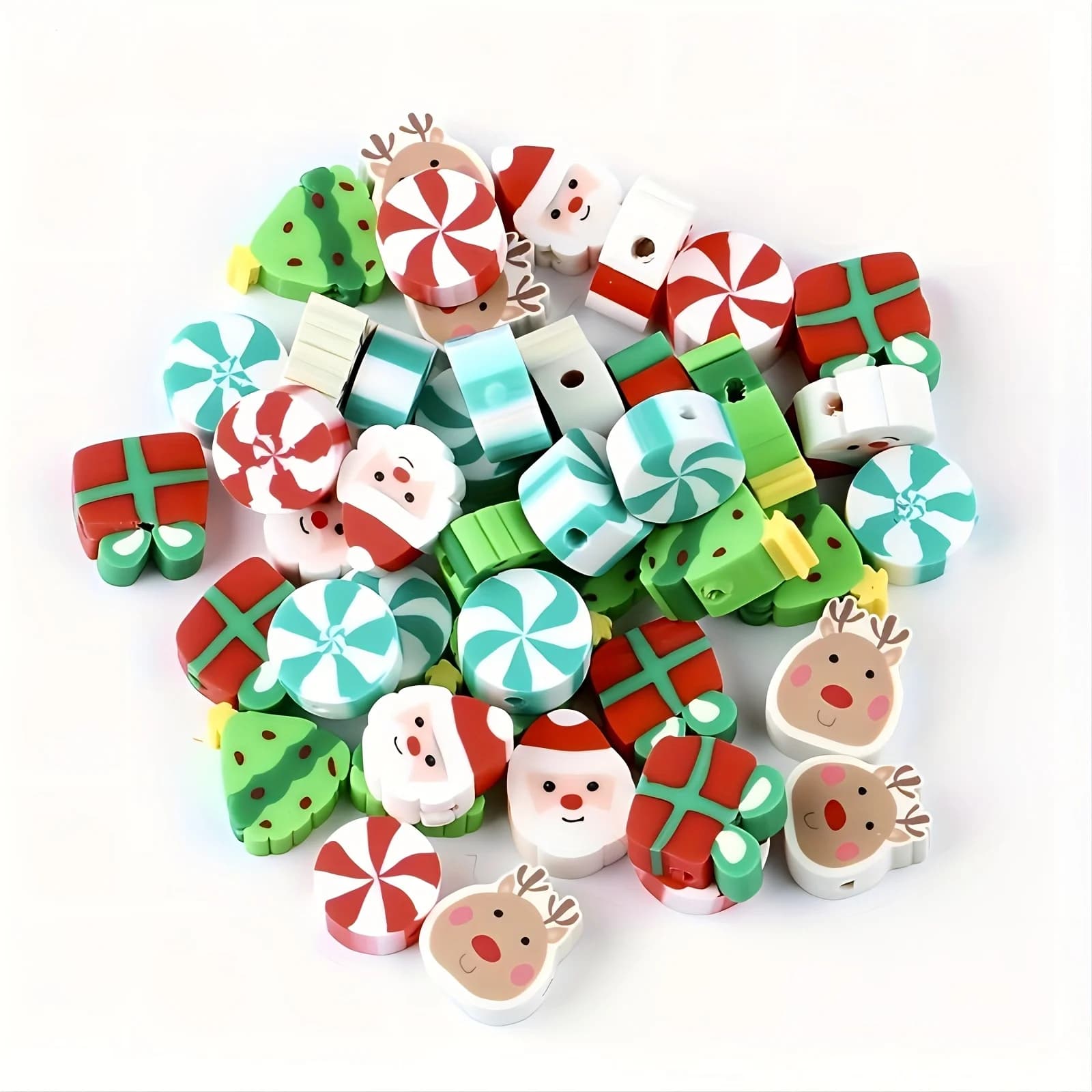 50pcs/100pcs Christmas Series Beads, Santa Claus Elk Christmas Tree Patterns Flat Polymer Clay Beads, For DIY Necklace Jewelry