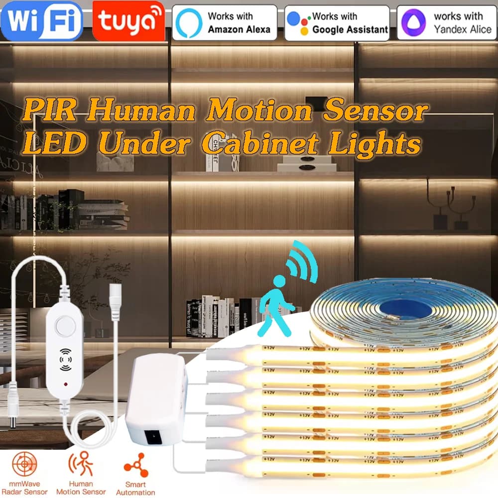 Tuya WiFi DC12V COB LED Strip Light under cabinet lamp PIR human presence dimmer movement sensor kitchen showcase bedroom furniture