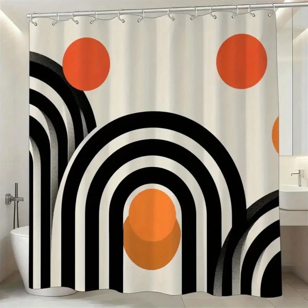 Modern Abstract Geometric Bathroom Shower Curtain Black Orange Stripes Chic Waterproof Shower Curtain Liner for Home Decor