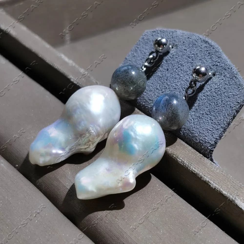 MTC·STAR Orecchini pendenti da donna con perle Keshi barocche bianche e labradorite grigia rotonda A+ da 25 mm, gioielli alla moda (Z14337)