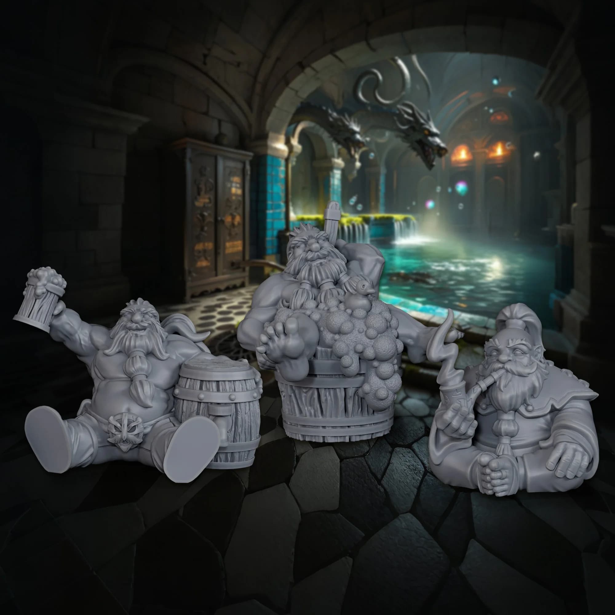 Dwarf Family Miniature Set for Tabletop RPGs – 3 Unique Resin Figures: Drunken, Merchant & Pipe Dwarves for Fantasy Roleplaying