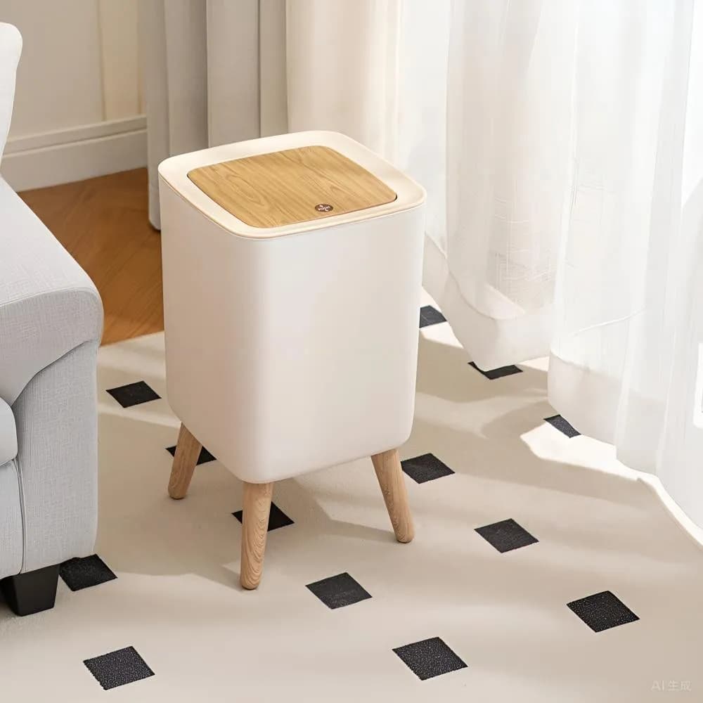 Pattumiera a conchiglia alta da 1 pezzo, adatta per camera da letto, soggiorno, bagno, pattumiera a pressa, imitazione venature del legno, bianco
