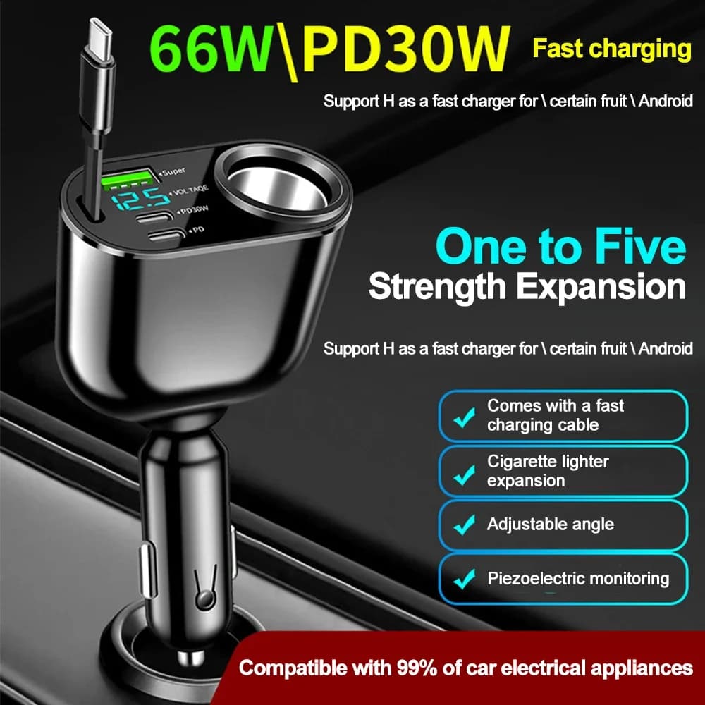 Car Charger Adapter 5 in 1 from 66 W USB Type C Quick Charging Cable for IPhone Xiaomi Huawei Samsung