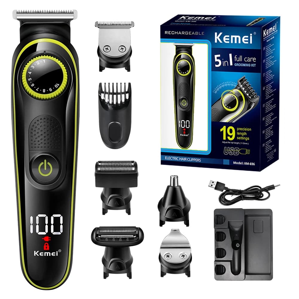 Kemei 5 in 1 LCD electric shaver for long beard multifunctional USB rechargeable nose machine to cut hair