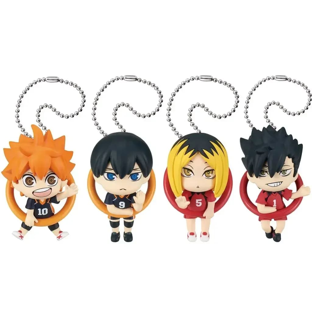 Giocattoli in capsule originali, carini Konnichiwa! Figura Mascotte Haikyu!! Ciondolo a catena con Hinata Shoyo che si appoggia al "ring" e dice 'ciao'