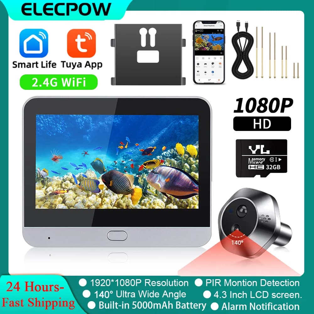 Elecpow Digital Door Peepholes Smart Tuya WiFi Spioncino Telecamera per porta 1080P 4.3 pollici PIR Visione notturna Rilevazione movimento Campanello