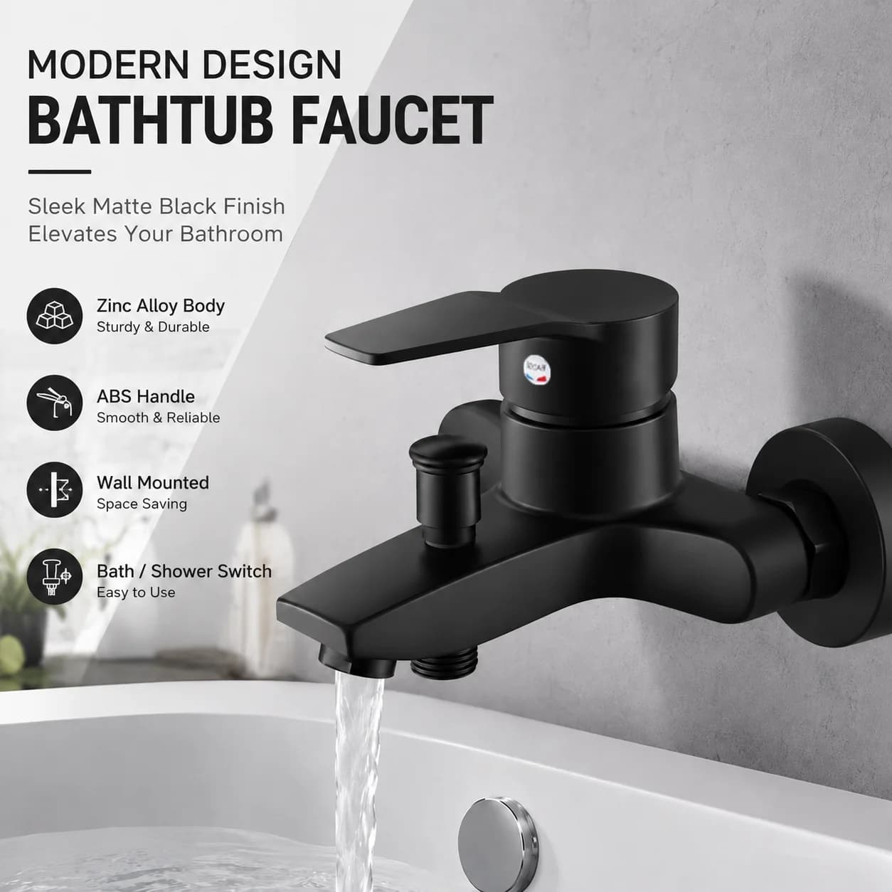 Black Zinc Alloy Bathtub Shower Faucet, Wall-Mounted Hot Cold Mixer Tap with Single Handle, Diverter and Tub Spout for Bathroom