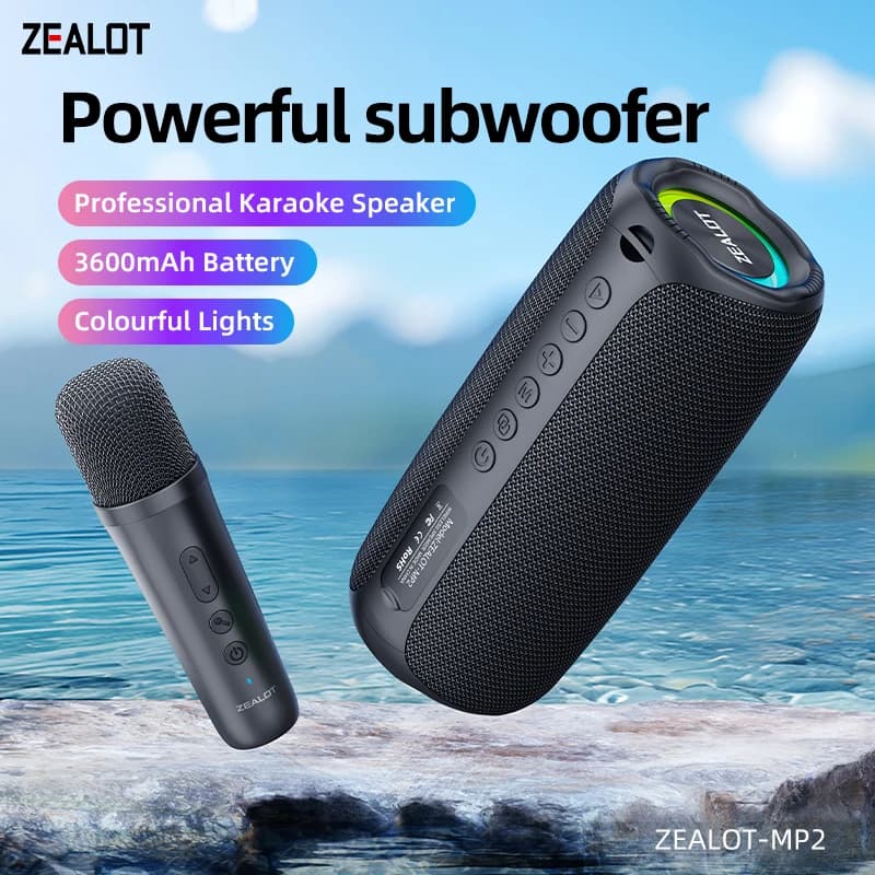Zealot-MP2m Macchina per karaoke Altoparlante Bluetooth portatile con 1-2 microfoni wireless IPX5 impermeabile 360 ° Altoparlante wireless