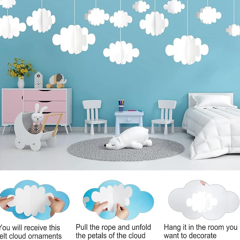 16 pezzi Decorazioni nuvole 3D Nuvole bianche sospese per soffitto Nuvola Decorazioni per feste Ornamenti nuvole Decorazione per soffitto sospeso