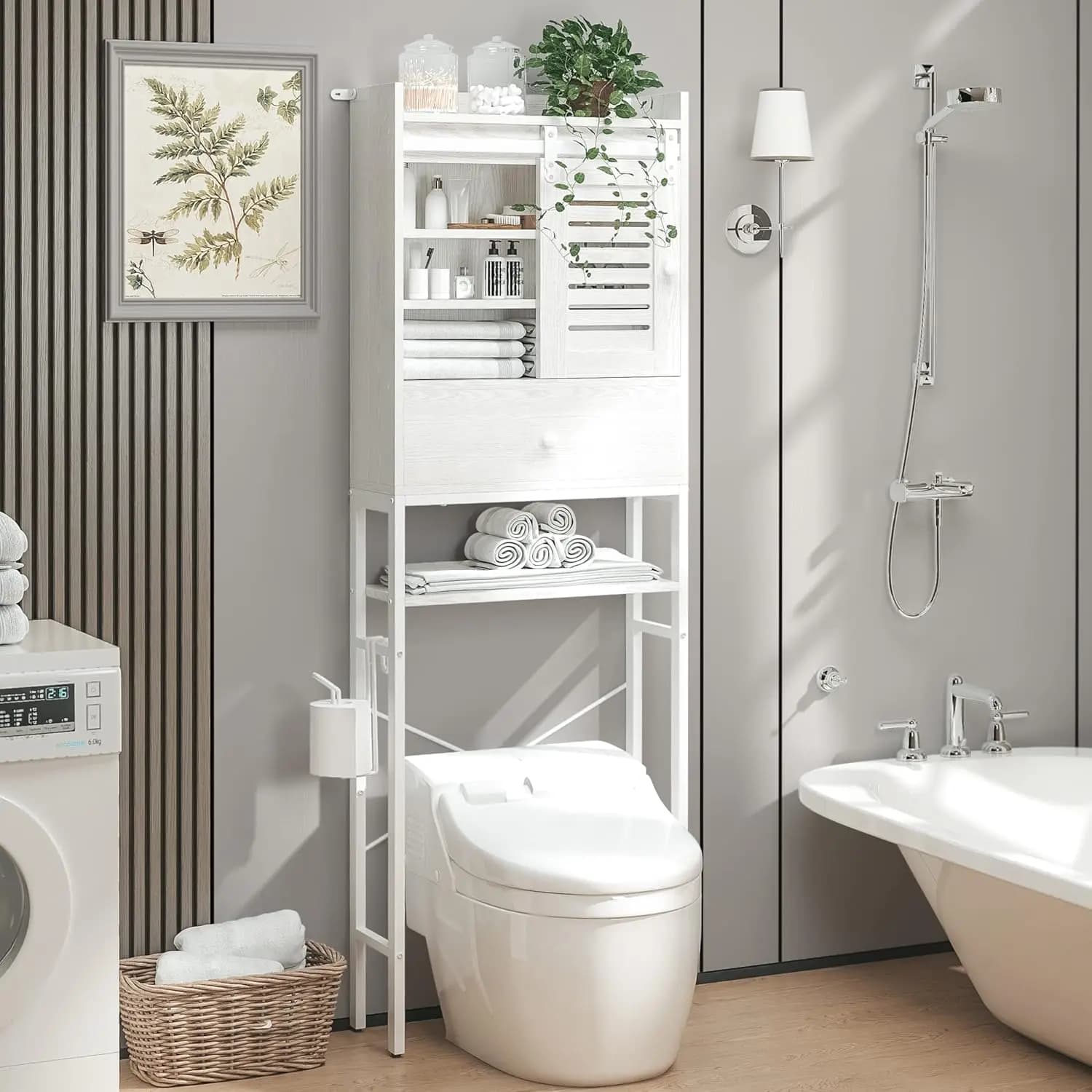 Armadietto portaoggetti sopra il WC a 6 livelli con ripiani regolabili, anta scorrevole, cassetto e portarotolo in bianco
