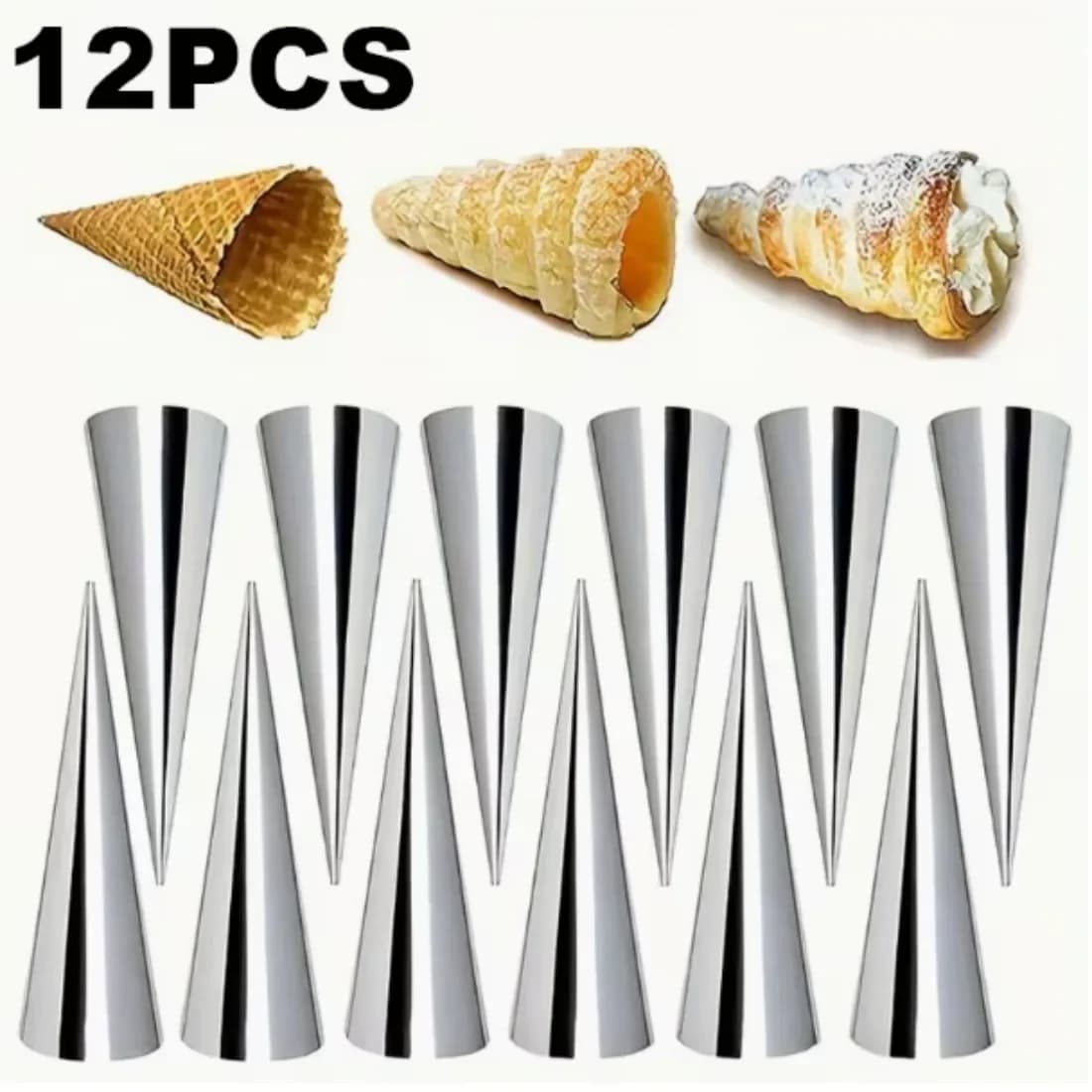 Set di 12 Stampi per Coni Gelato in Acciaio Inox 201, Tubi Spiralati Antiaderenti per Gelato, Croissant, Puff e Waffle