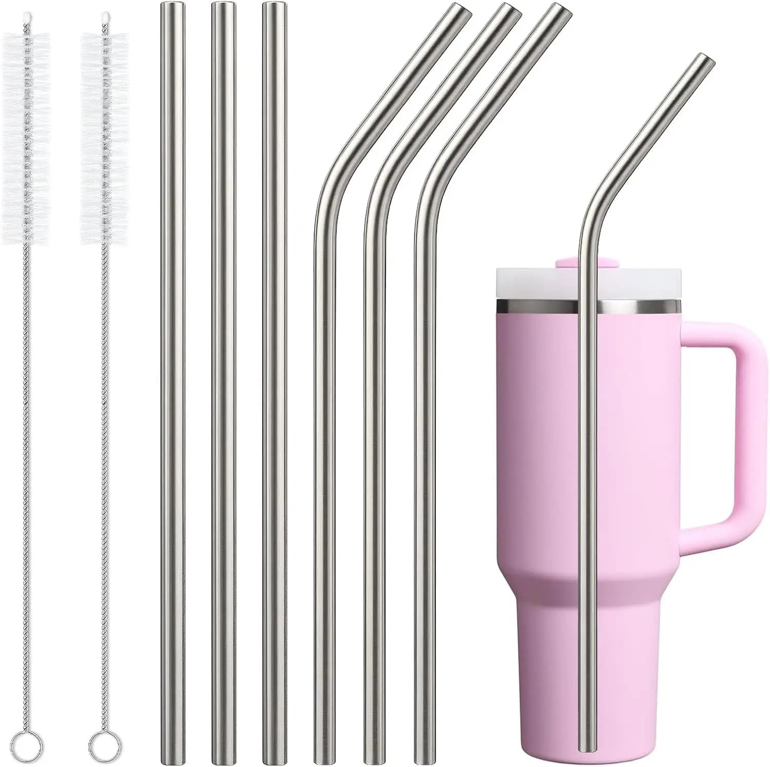 Set of 6 Stainless Steel Candles: 3 Straight + 3 Curves, Reusable Metal Candles Without BPA with Cleaning Brush for Glasses