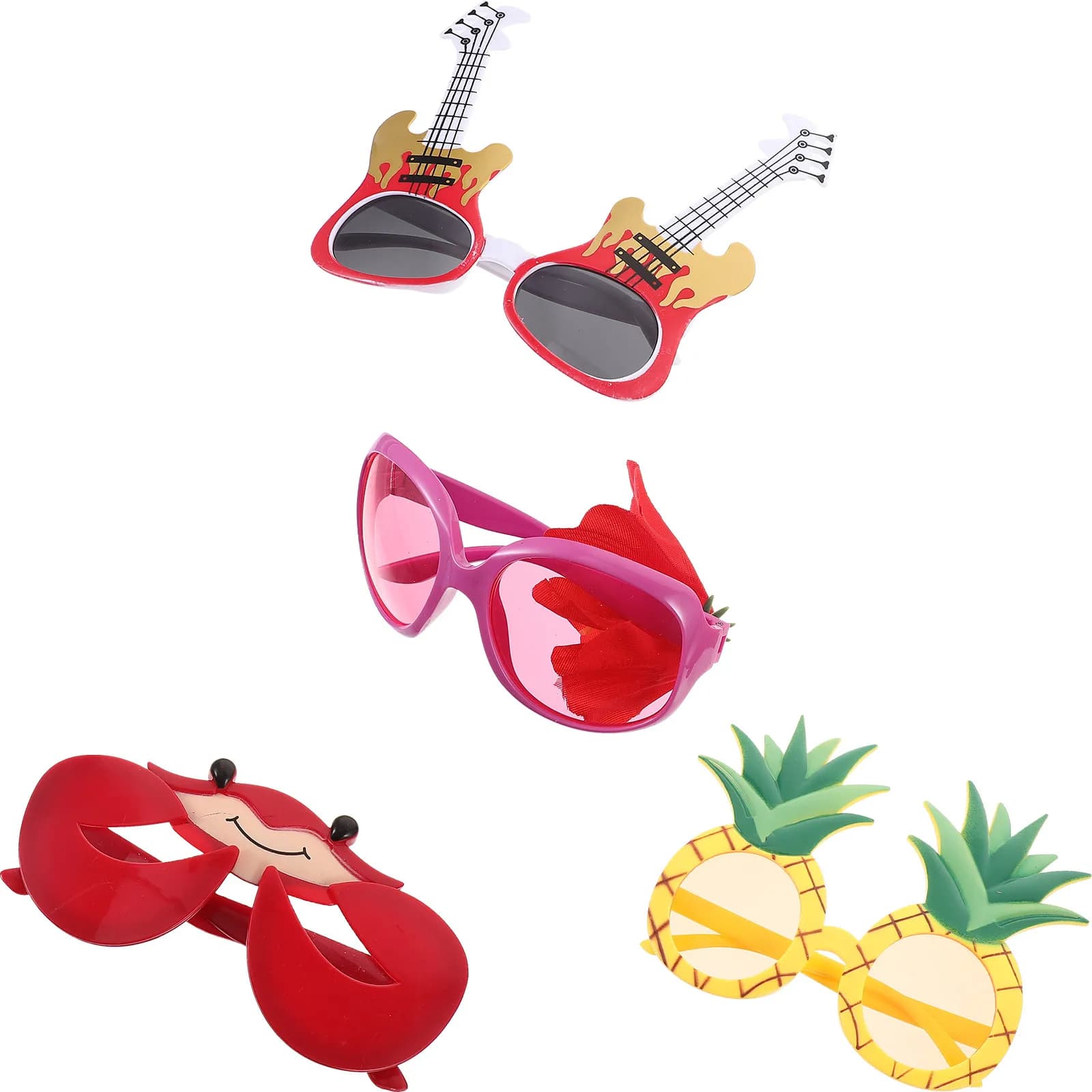 4 occhiali da sole divertenti a forma di ananas, ibisco, granchio e chitarra, in plastica, per feste, spiaggia, resort, decorazioni e accessori per travestimenti