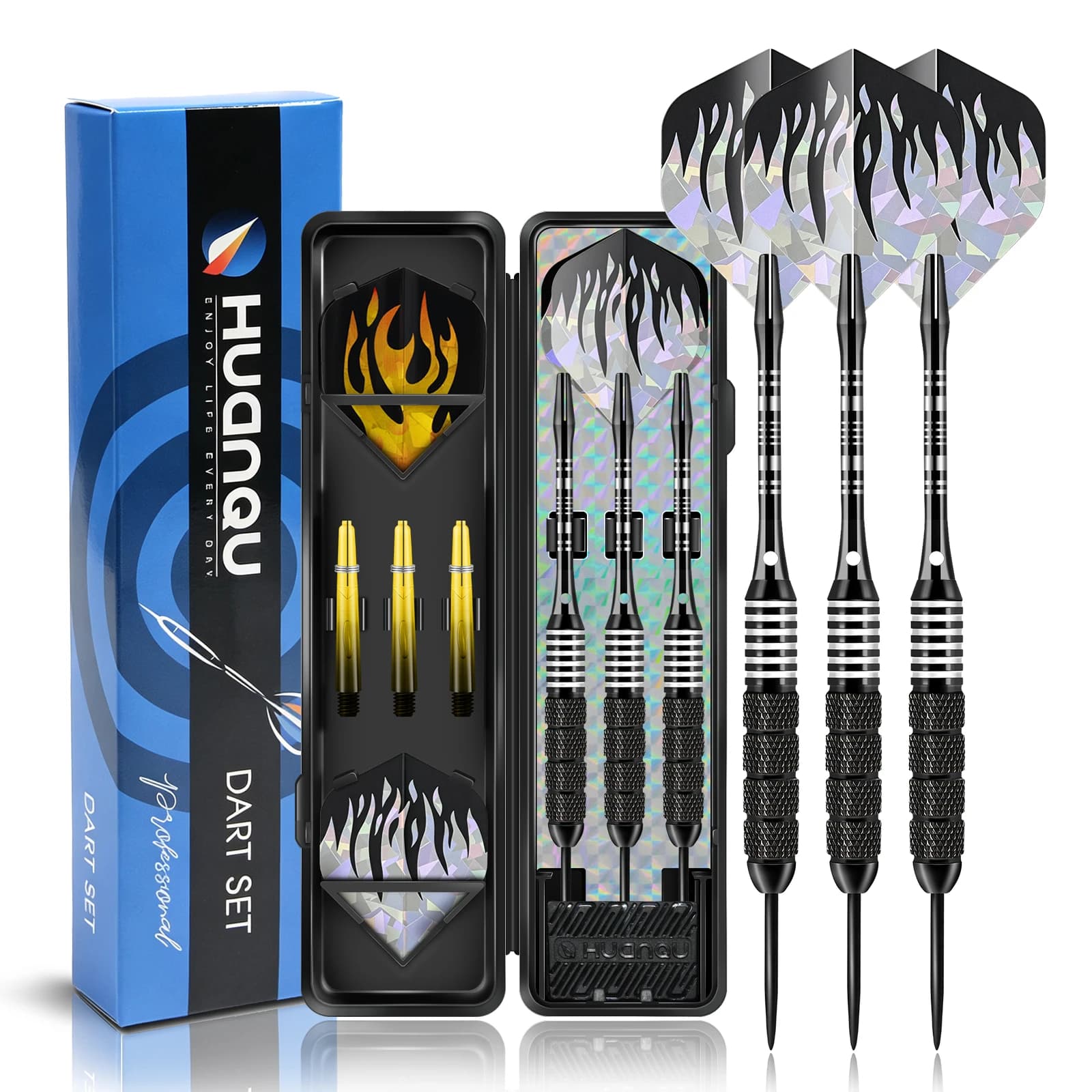 HUANQU 22g Professional Steel Tip Darts Set with Storage Case, Extra Shafts & Laser Flame Flights for Sisal Dartboard