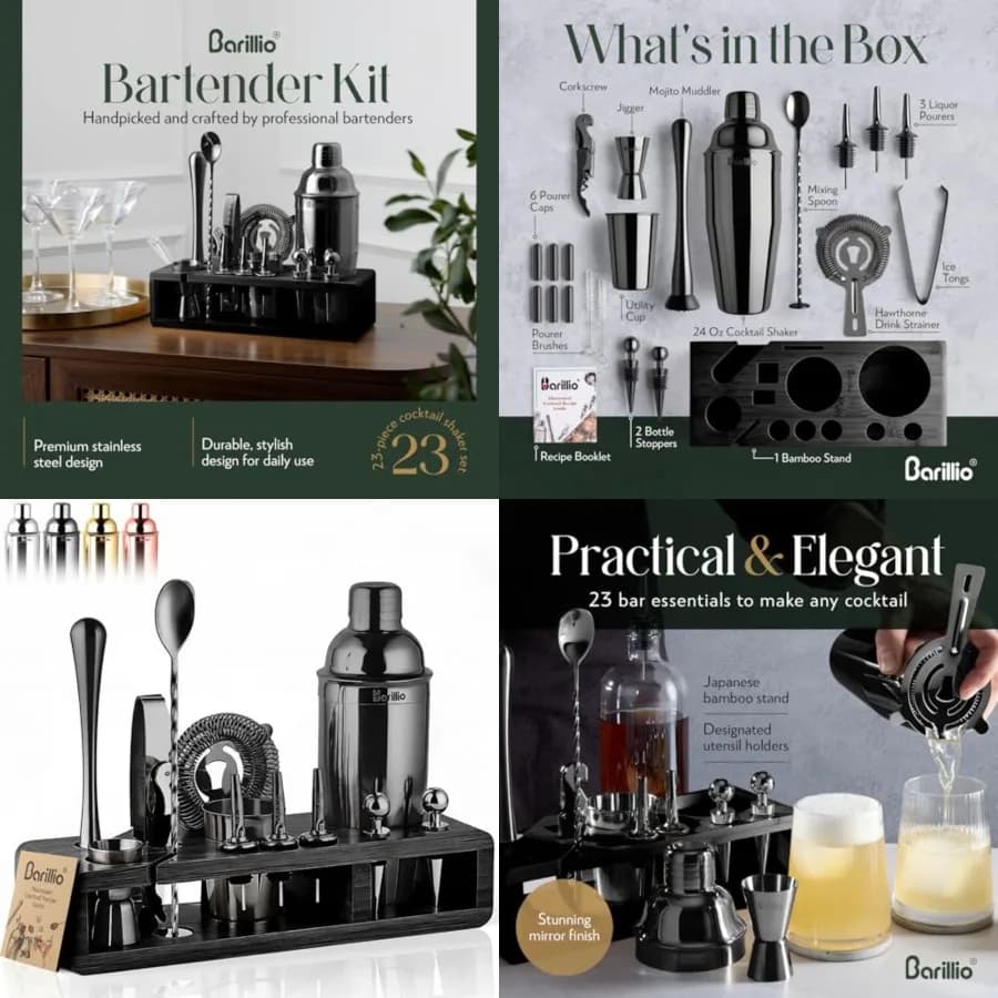 Set da Barman in Acciaio Inox con Shaker per Cocktail e Supporto, Strumenti da Bar per Mixology con Shaker, Mixer e Muddler per Cocktail