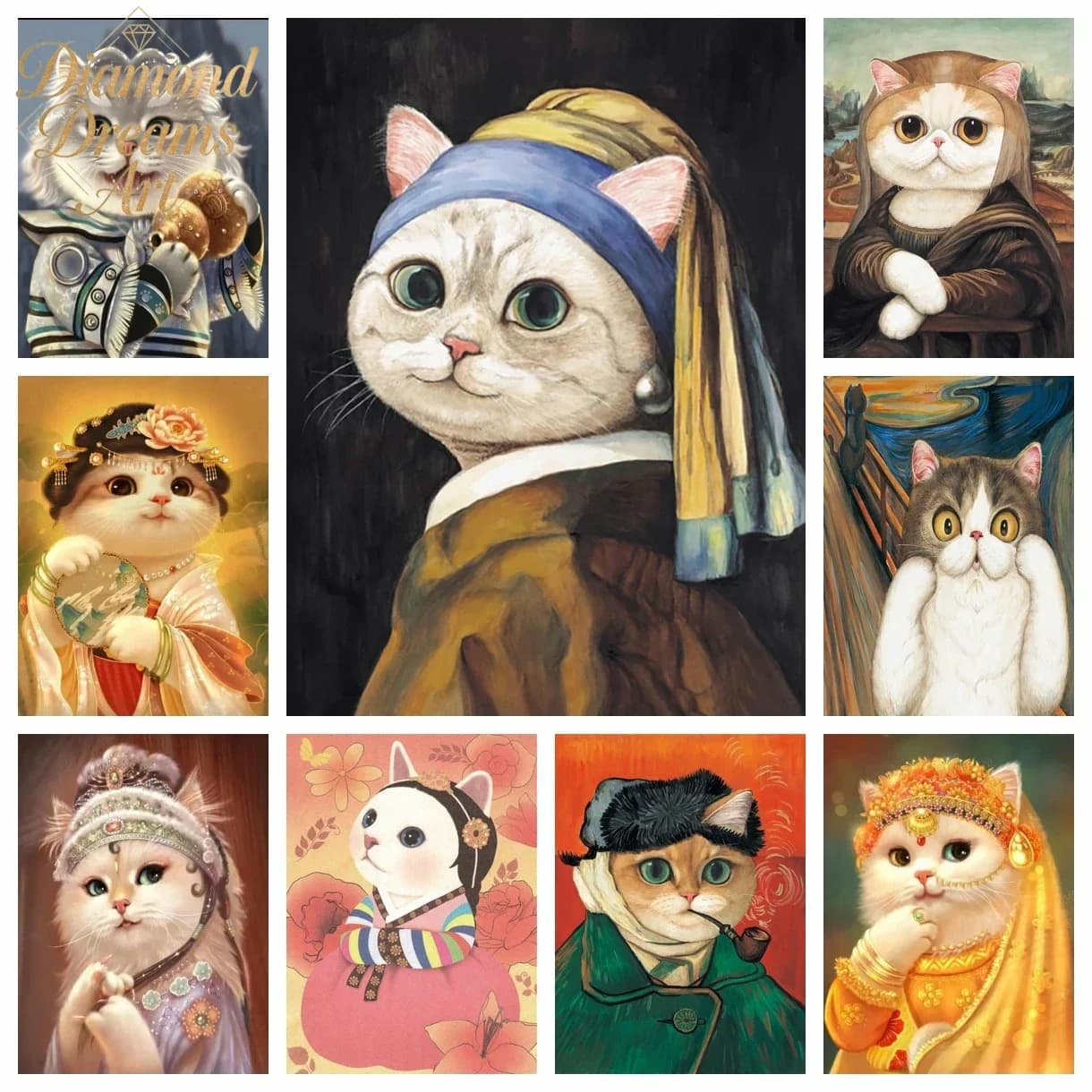Frameless,5D DIY Diamond Abstract Character Art Cat Full Round Diamond Mosaic Animal Diamond Embroidery Kit Rhinestone Home Deco