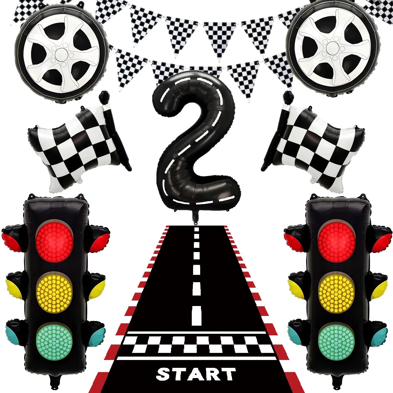 Decorazioni per Feste di Compleanno a Tema Auto da Corsa: Palloncini con Numeri da 2/3/4/5/6 da 40 Pollici, Palloncini a Forma di Semaforo, Striscione a Scacchi e Pannello Decorativo a Tema Pista da Corsa