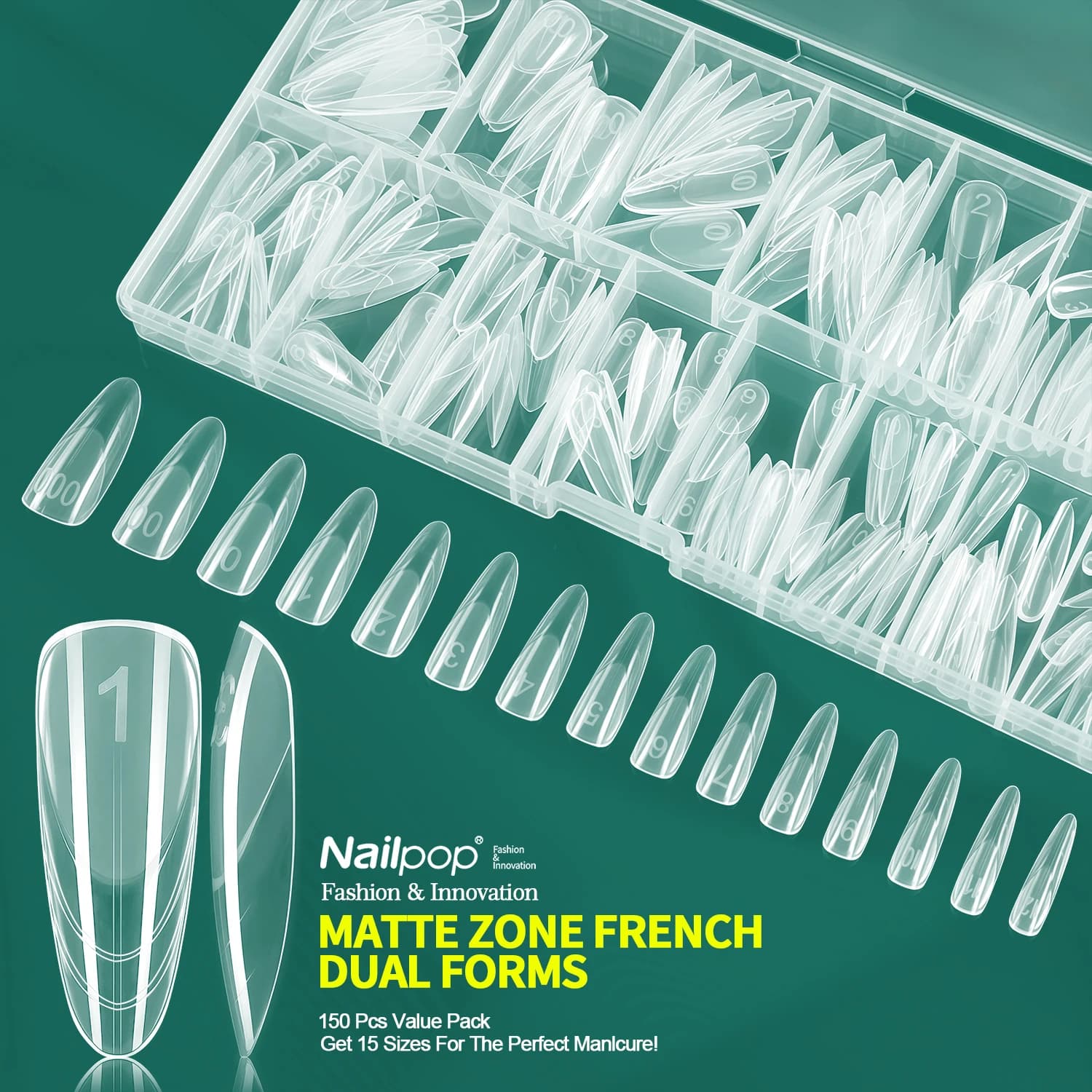 Nailpop French Zone Dual Nail Forms 15 Misure Ultra Resistenti Professionali Facili da Riutilizzare per Estensione Unghie in Acrilico Gel Punte per French Art 150 pz