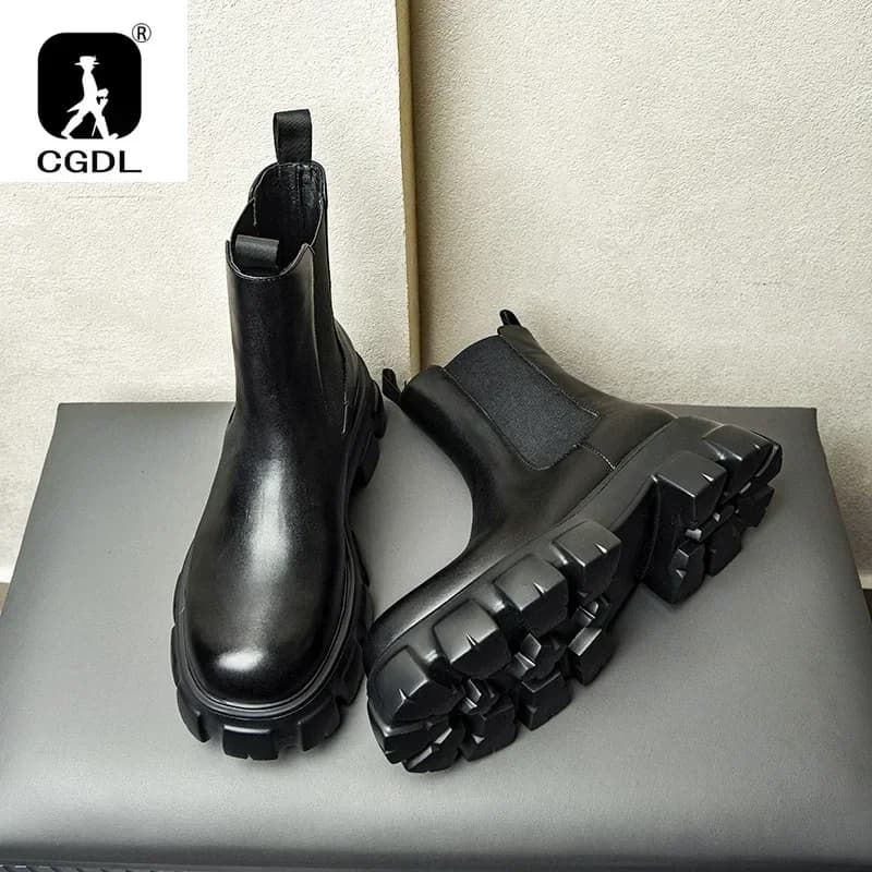 Genuine Leather Thick-soled Men Boots Vintage Style High Top Dress Shoes Men Fashion Casual Chelsea Boots Male Ankle Boots